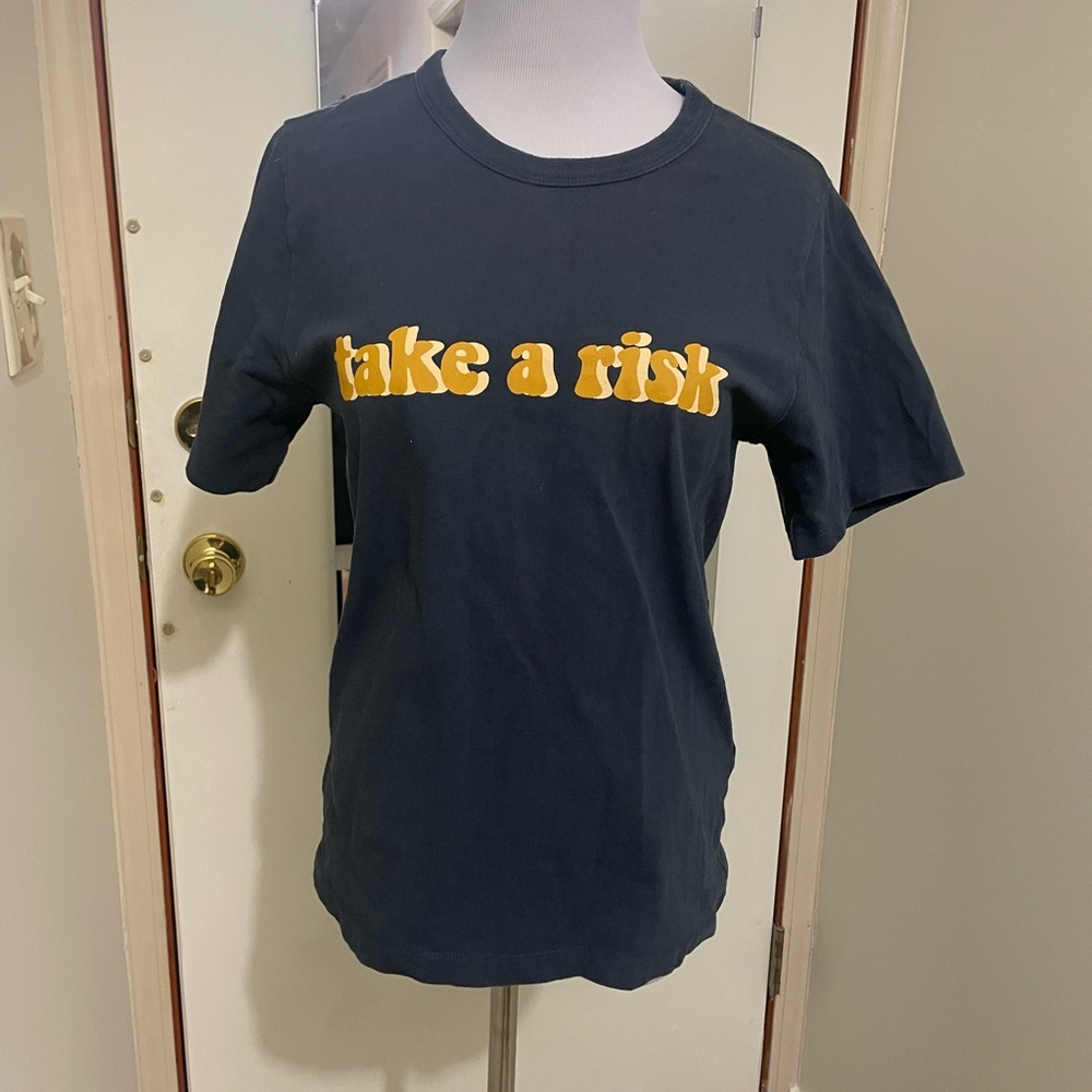 ba&sh Navy Blue Tee with Yellow Print, TAKE A RISK, OR LOSE THE CHANCE